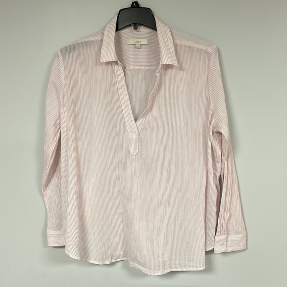 Loft Crinkle Split Neck Top/ blouse XL, semi-sheer tiny pink/white/ blue stripes - Picture 1 of 7
